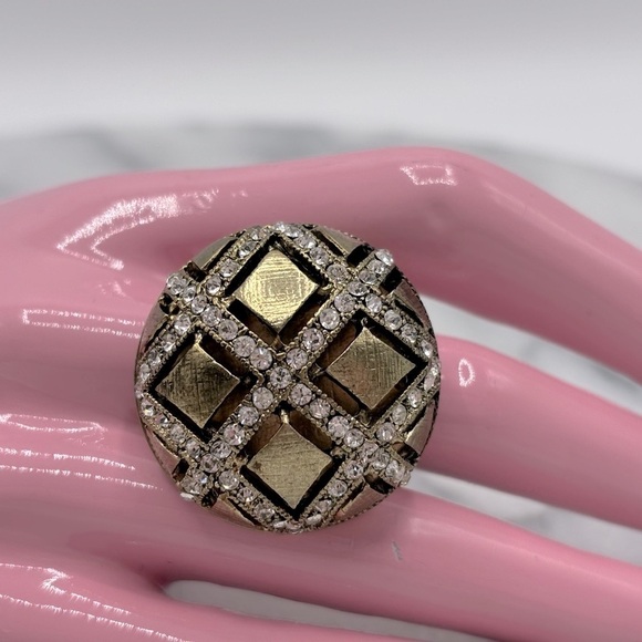 Chunky Antique Gold Tone Round Crystal Costume Ring with Stretch Band - Picture 2 of 4